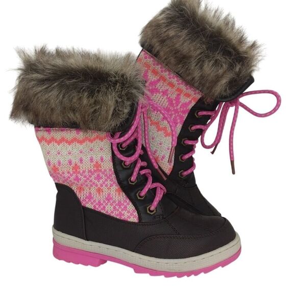 Justice Girls Pre-owned Pink/Brown Faux Fur Lined Winter Boots - sz. 2 - Picture 1 of 6